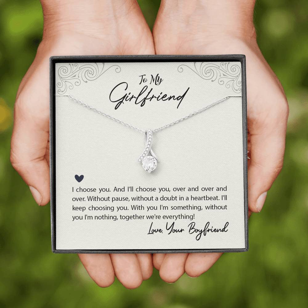 To My Girlfriend I Choose You Message Card W Mahogany Style Luxury Box Eternity Ribbon Stone Necklace - Alluring Beauty Necklace Gift For Her