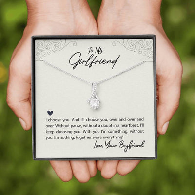 To My Girlfriend I Choose You Message Card W Mahogany Style Luxury Box Eternity Ribbon Stone Necklace - Alluring Beauty Necklace Gift For Her