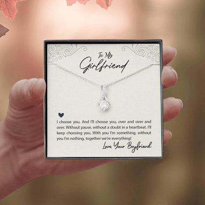 To My Girlfriend I Choose You Message Card W Mahogany Style Luxury Box Eternity Ribbon Stone Necklace - Alluring Beauty Necklace Gift For Her