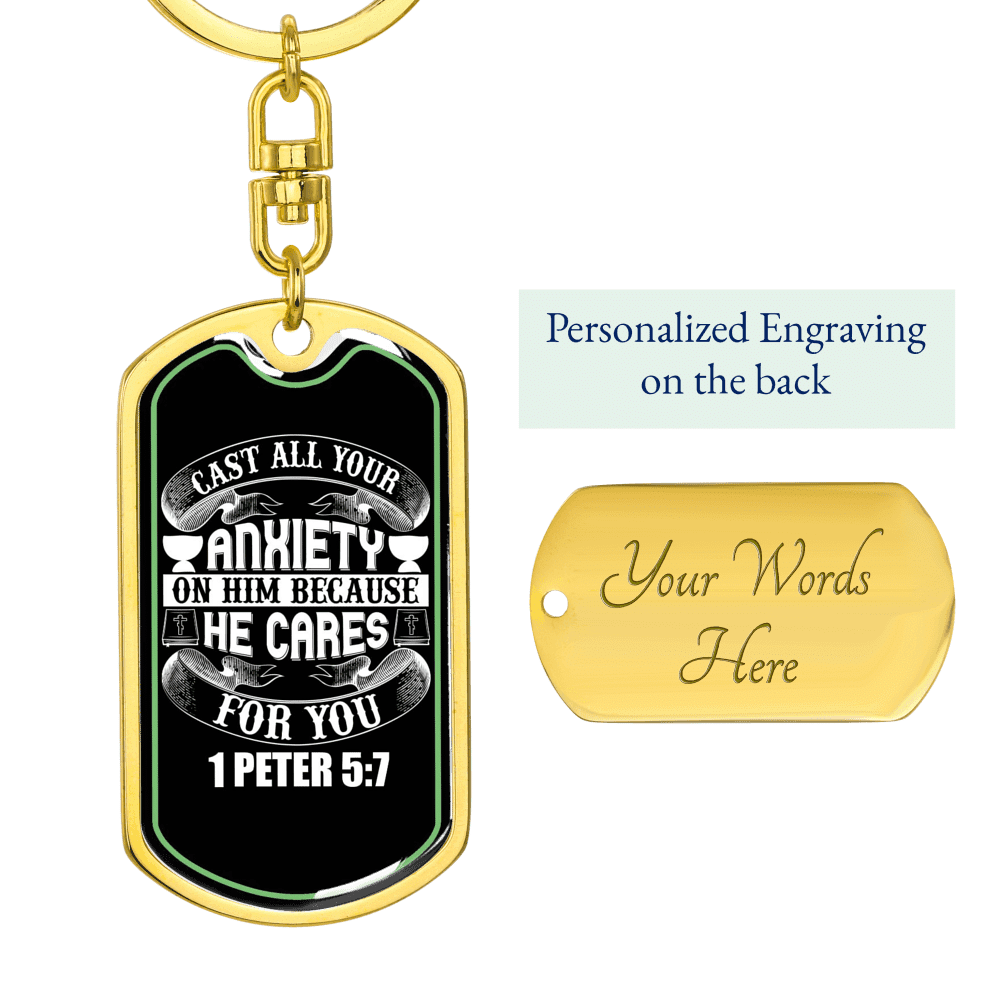 Anxiety On Him 1 Peter 5:7 Keychain Dog Tag Keyring - Dog Tag with Swivel Keychain