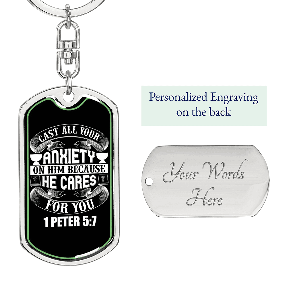 Anxiety On Him 1 Peter 5:7 Keychain Dog Tag Keyring - Dog Tag with Swivel Keychain