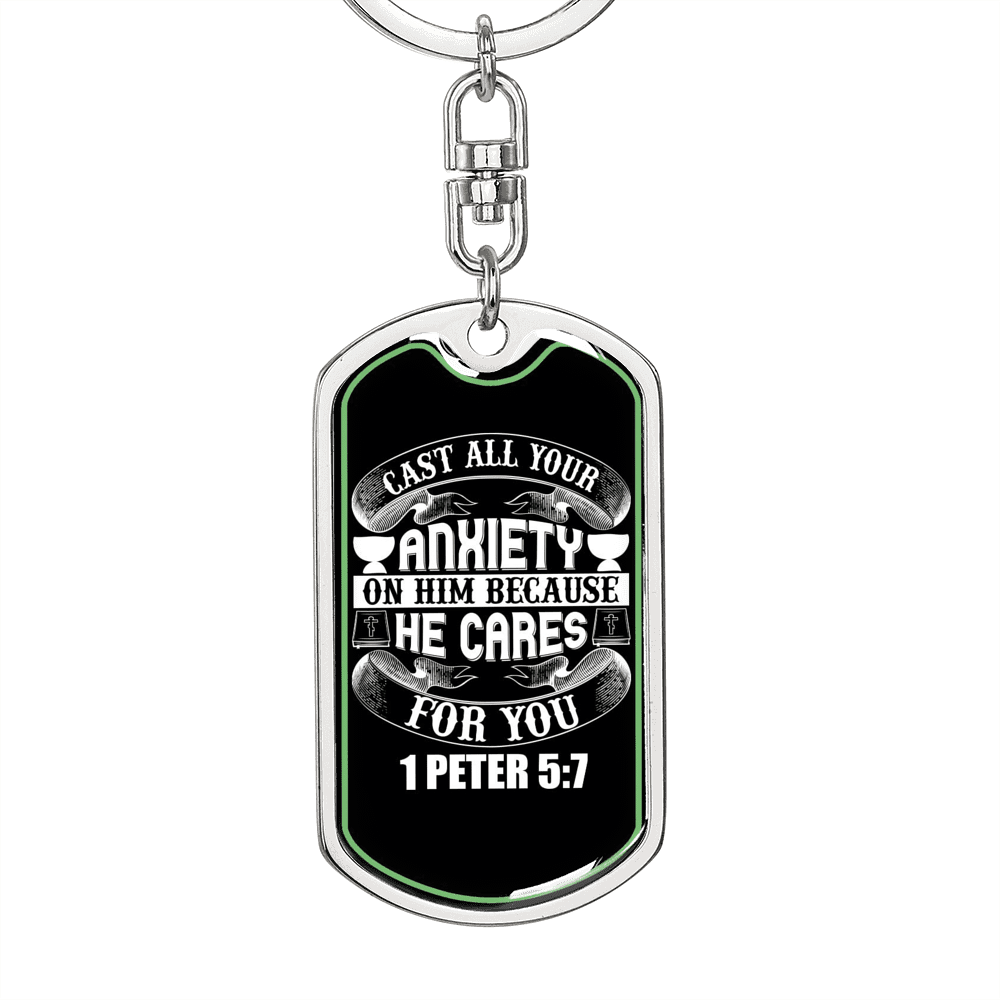 Anxiety On Him 1 Peter 5:7 Keychain Dog Tag Keyring - Dog Tag with Swivel Keychain