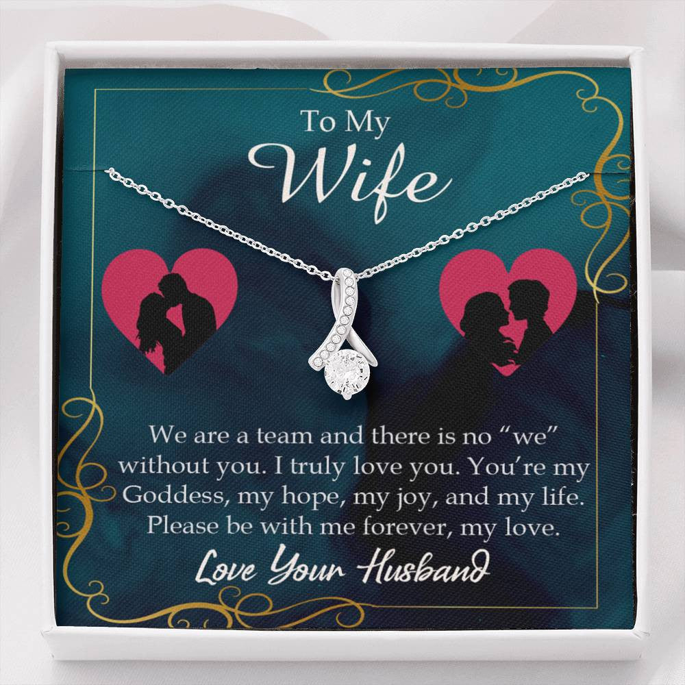 Wife Gift We Are A Team Eternity Ribbon Stone Pendant 14K White Gold Stainless Steel Jewelry Gift  - Alluring Beauty Necklace Gift For Her