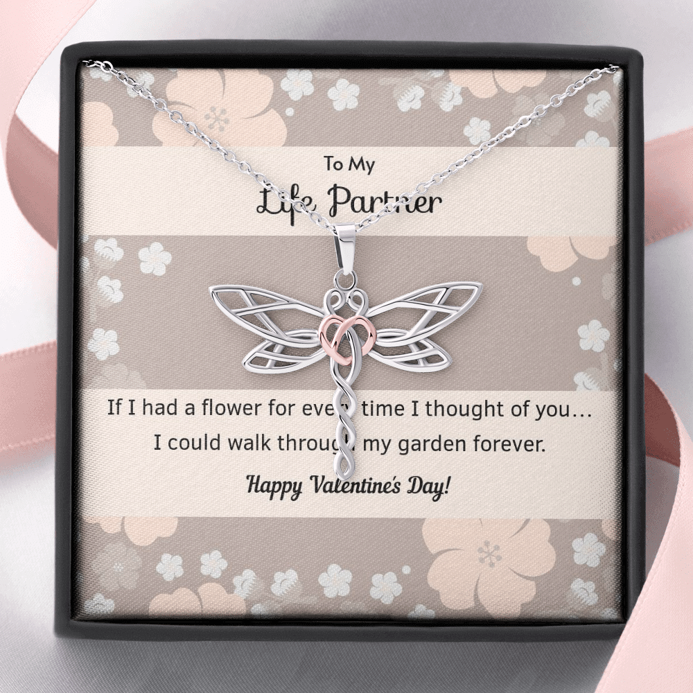 To My Wife Flower to My Life Partner Dragonfly Necklace Message Card - Dragonfly