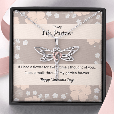 To My Wife Flower to My Life Partner Dragonfly Necklace Message Card - Dragonfly