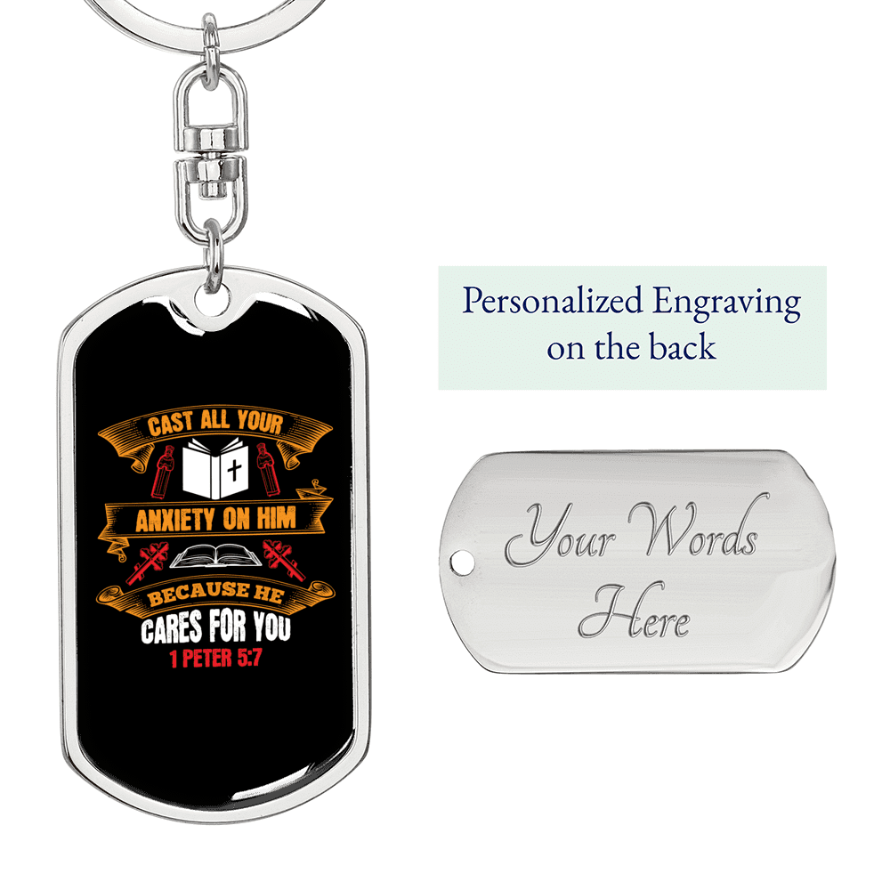 Cast All Your Anxiety 1 Peter 5:7 Keychain Dog Tag Keyring - Dog Tag with Swivel Keychain