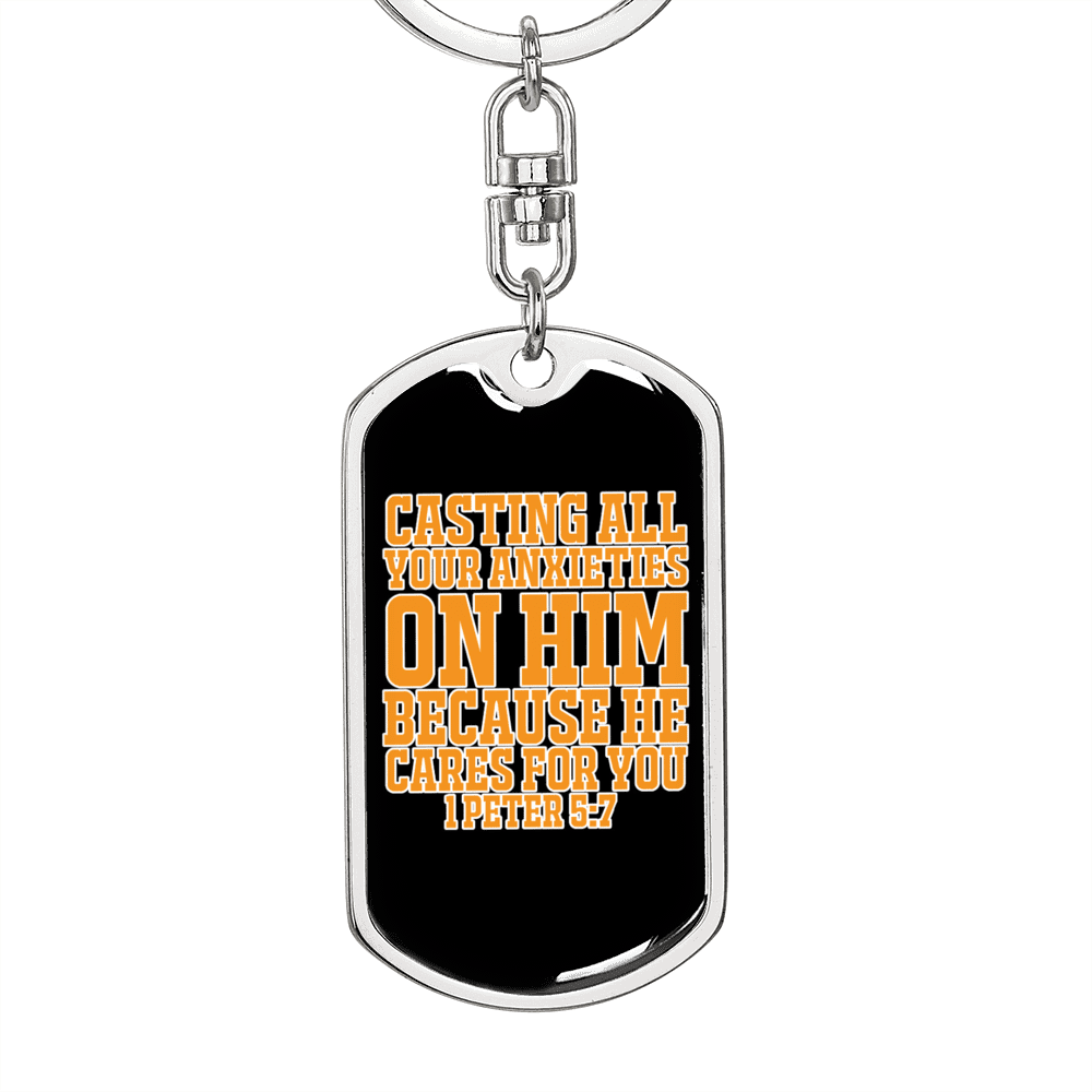 Casting Anxieties 1 Peter 5:7 Keychain Dog Tag Keyring - Dog Tag with Swivel Keychain