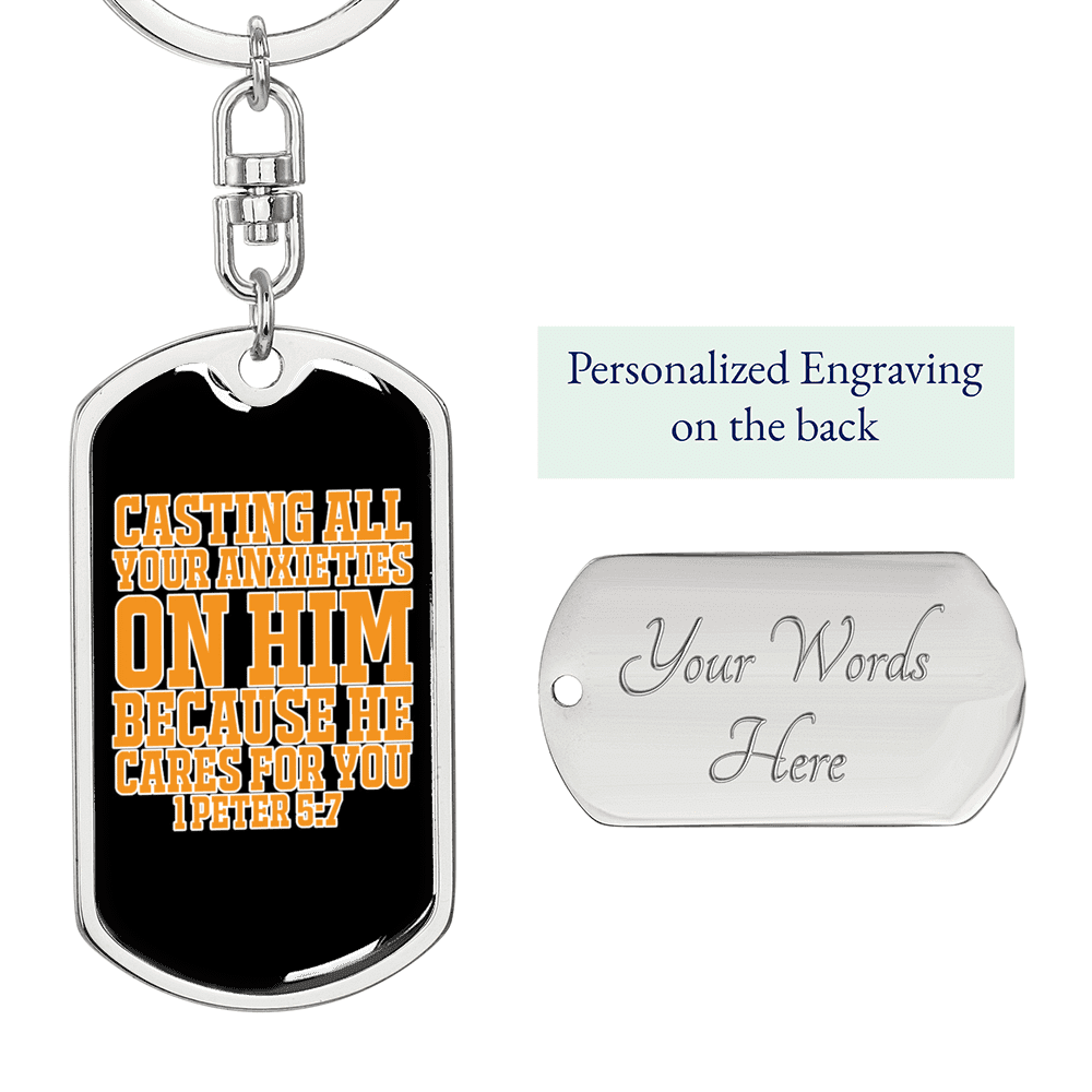 Casting Anxieties 1 Peter 5:7 Keychain Dog Tag Keyring - Dog Tag with Swivel Keychain