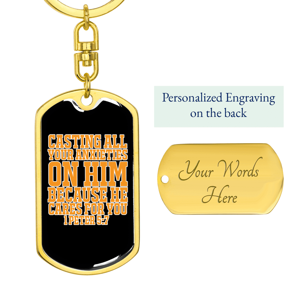 Casting Anxieties 1 Peter 5:7 Keychain Dog Tag Keyring - Dog Tag with Swivel Keychain