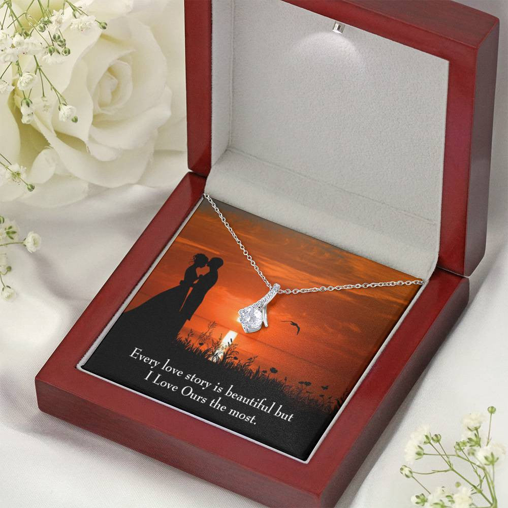 To My Girlfriend Love Our Story Message Card W Mahogany Style Luxury Box Eternity Ribbon Stone Necklace - Alluring Beauty Necklace Gift For Her