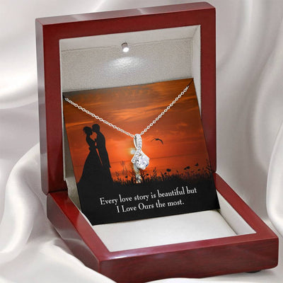 To My Girlfriend Love Our Story Message Card W Mahogany Style Luxury Box Eternity Ribbon Stone Necklace - Alluring Beauty Necklace Gift For Her