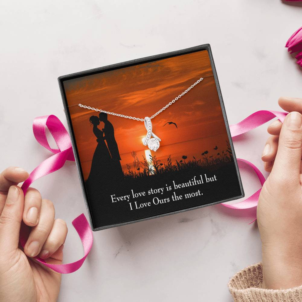 To My Girlfriend Love Our Story Message Card W Mahogany Style Luxury Box Eternity Ribbon Stone Necklace - Alluring Beauty Necklace Gift For Her