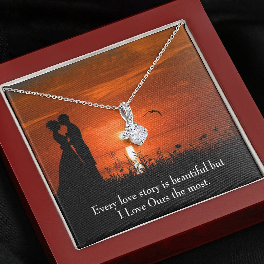 To My Girlfriend Love Our Story Message Card W Mahogany Style Luxury Box Eternity Ribbon Stone Necklace - Alluring Beauty Necklace Gift For Her