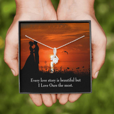 To My Girlfriend Love Our Story Message Card W Mahogany Style Luxury Box Eternity Ribbon Stone Necklace - Alluring Beauty Necklace Gift For Her