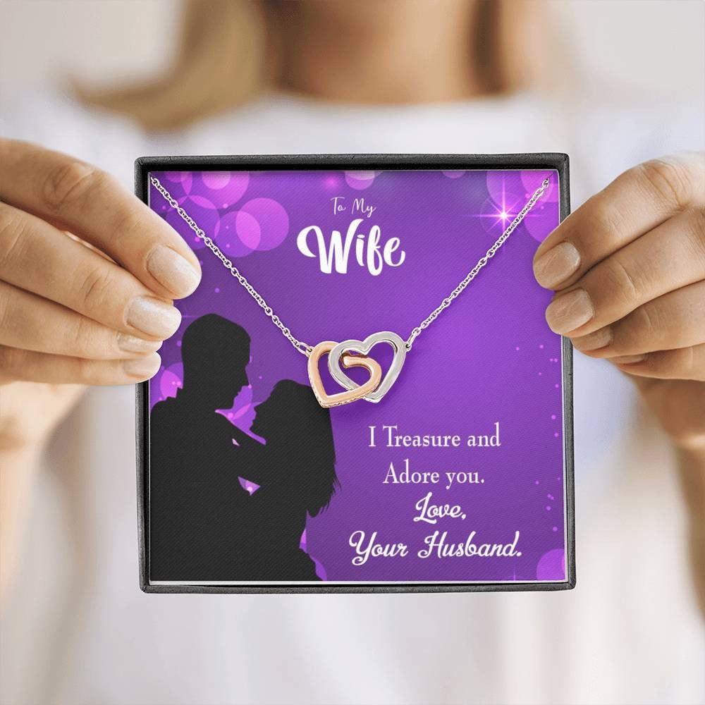 Wife Gift For Wife Birthday I Treasure And Adore You Inseparable Love Pendant 18k Rose Gold Finish 16� - Interlocking Hearts Necklace