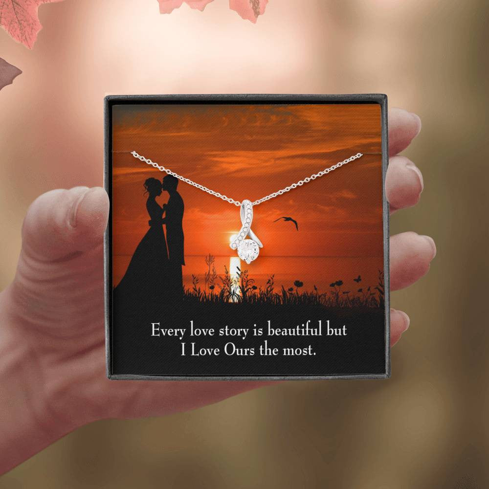 To My Girlfriend Love Our Story Message Card W Mahogany Style Luxury Box Eternity Ribbon Stone Necklace - Alluring Beauty Necklace Gift For Her