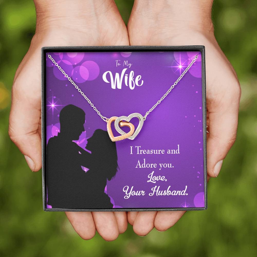 Wife Gift For Wife Birthday I Treasure And Adore You Inseparable Love Pendant 18k Rose Gold Finish 16� - Interlocking Hearts Necklace
