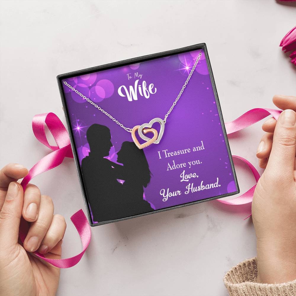 Wife Gift For Wife Birthday I Treasure And Adore You Inseparable Love Pendant 18k Rose Gold Finish 16� - Interlocking Hearts Necklace