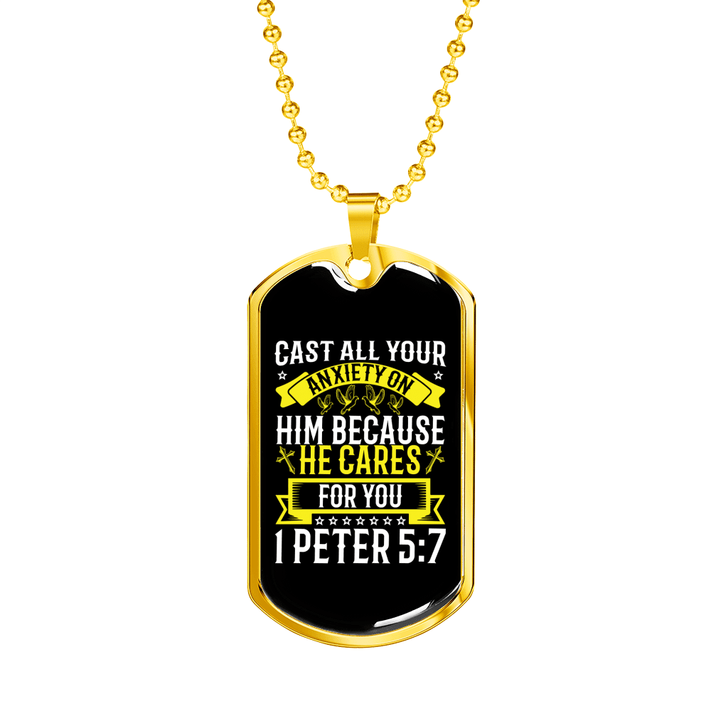 He Cares For You 1 Peter 5:7 Necklace Dog Tag 24" Chain - Luxury Love Messages Dog Tag Gifts For Him