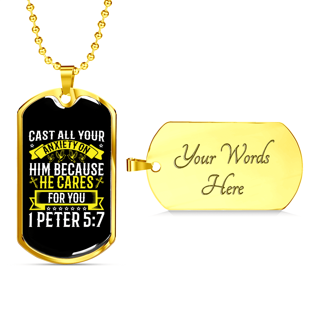 He Cares For You 1 Peter 5:7 Necklace Dog Tag 24" Chain - Luxury Love Messages Dog Tag Gifts For Him