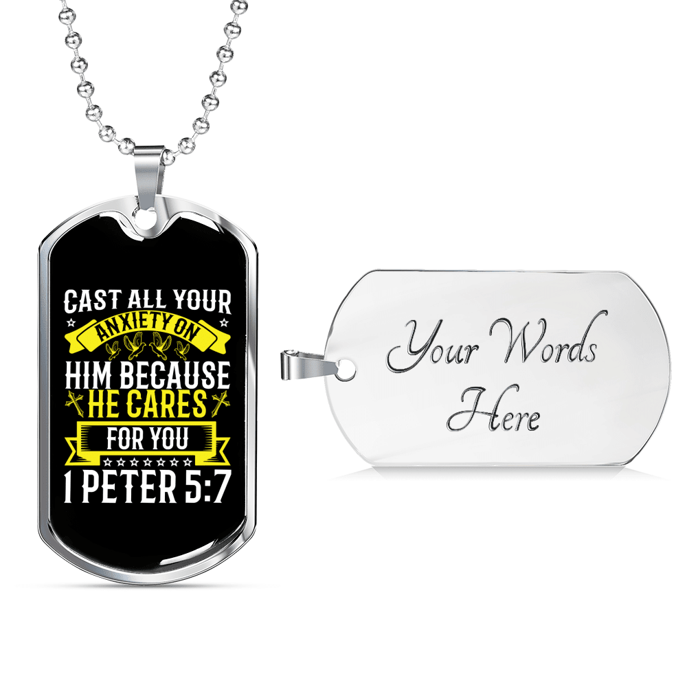 He Cares For You 1 Peter 5:7 Necklace Dog Tag 24" Chain - Luxury Love Messages Dog Tag Gifts For Him