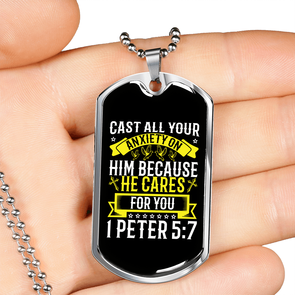 He Cares For You 1 Peter 5:7 Necklace Dog Tag 24" Chain - Luxury Love Messages Dog Tag Gifts For Him