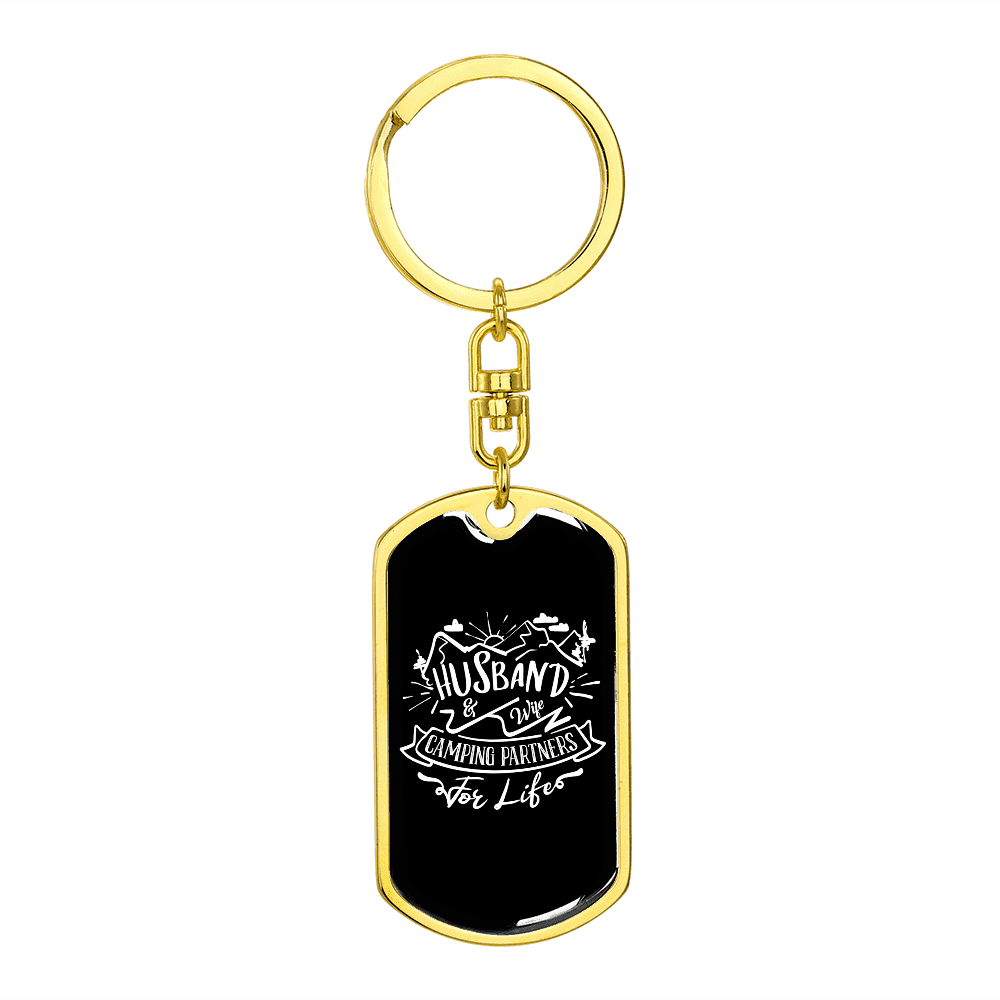 To My Wife  Camping Partners For Life Plain Black Keychain Stainless Steel or 18k Gold Dog Tag Keyring - Dog Tag with Swivel Keychain
