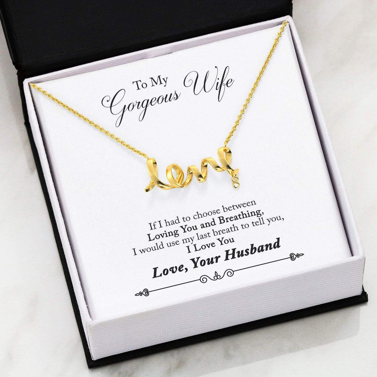 To My Gorgeous Wife Scripted Love Card Necklace Stainless Steel 16-22" Chain - Love Script Necklace