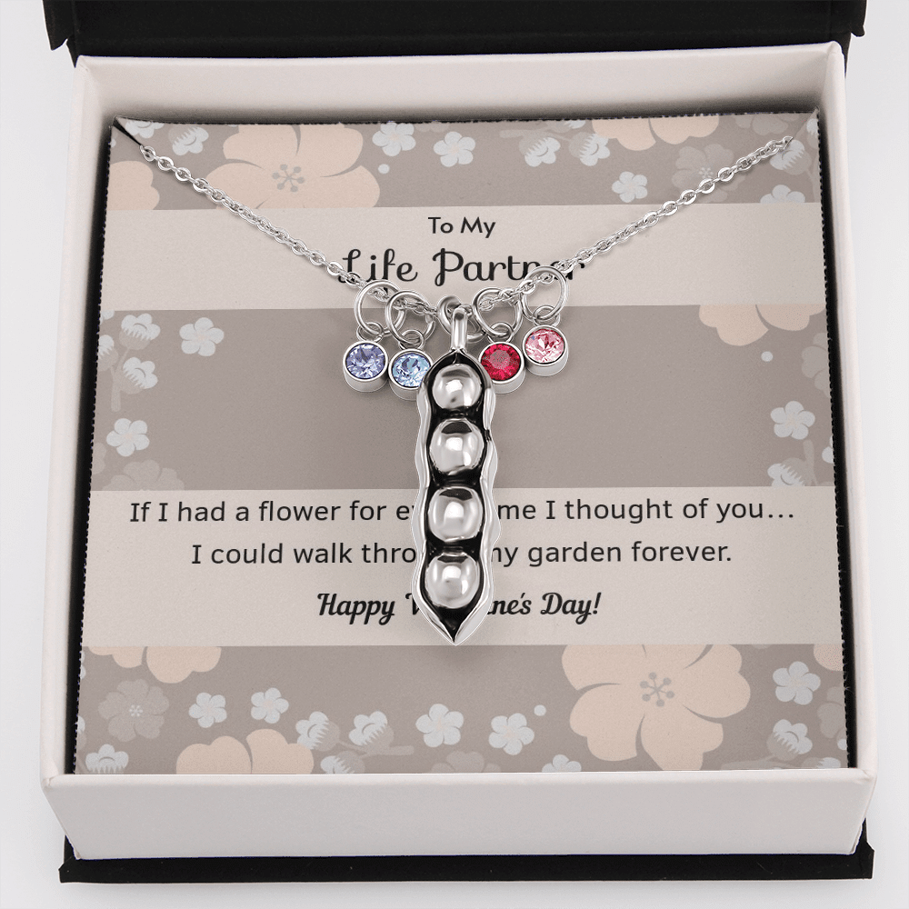 To My Wife Flower to My Life Partner Pea Pod Necklace Message Card Peas in Pod Birthstones Pendant - Pea Pod