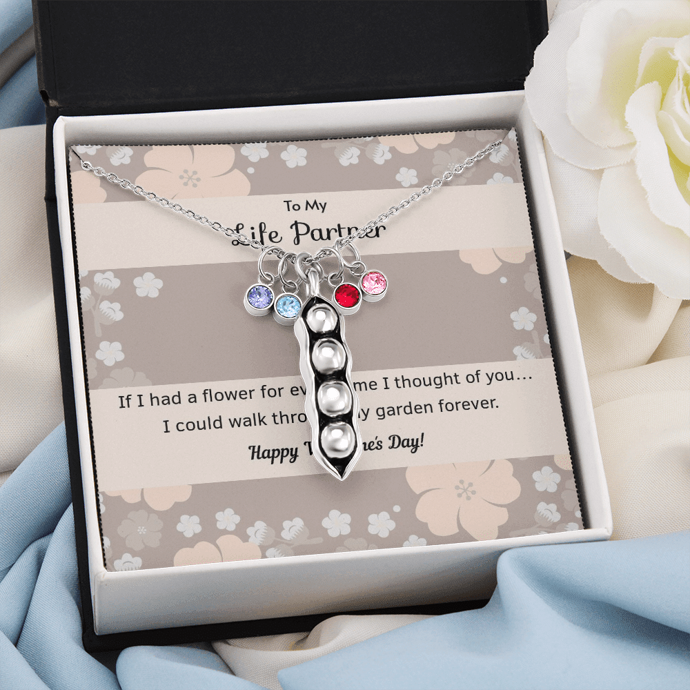 To My Wife Flower to My Life Partner Pea Pod Necklace Message Card Peas in Pod Birthstones Pendant - Pea Pod