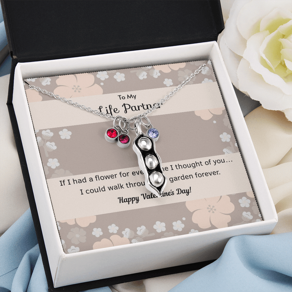 To My Wife Flower to My Life Partner Pea Pod Necklace Message Card Peas in Pod Birthstones Pendant - Pea Pod