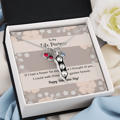 To My Wife Flower to My Life Partner Pea Pod Necklace Message Card Peas in Pod Birthstones Pendant - Pea Pod