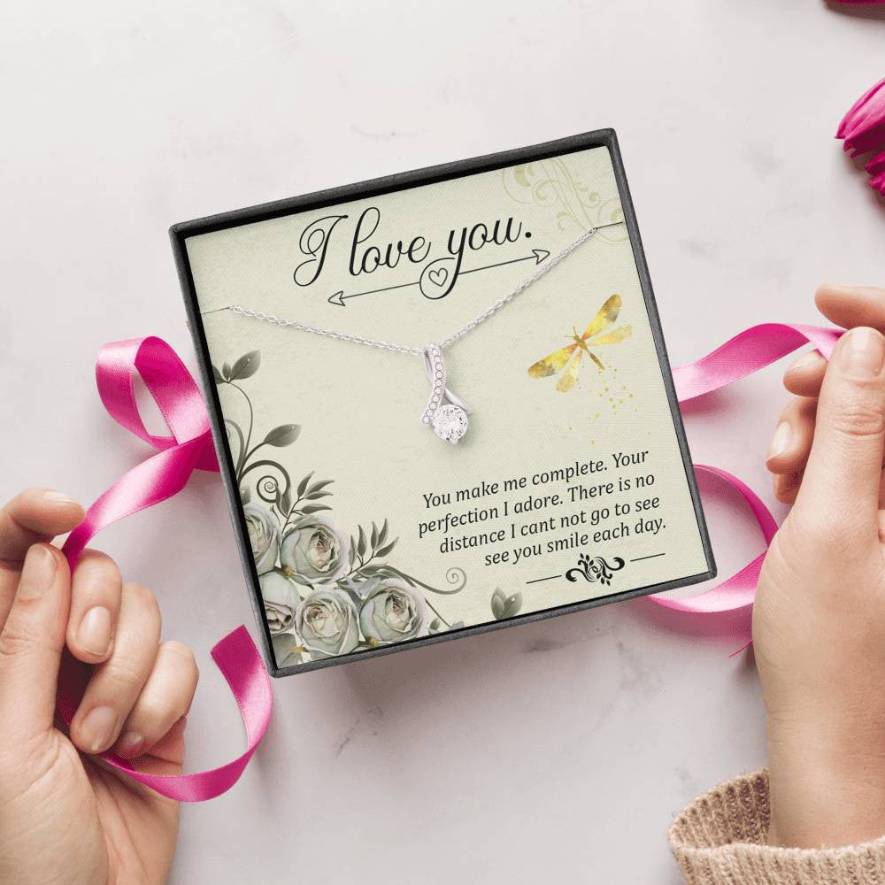To My Girlfriend I Love You Message Card W Mahogany Style Luxury Box Eternity Ribbon Stone Necklace - Alluring Beauty Necklace Gift For Her