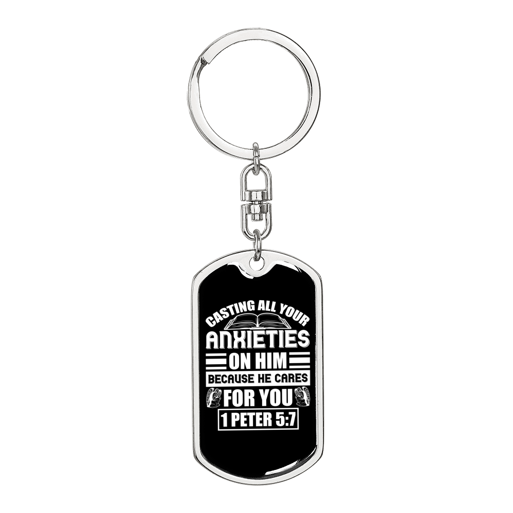Anxieties On Him 1 Peter 5:7 Keychain Dog Tag Keyring - Dog Tag with Swivel Keychain