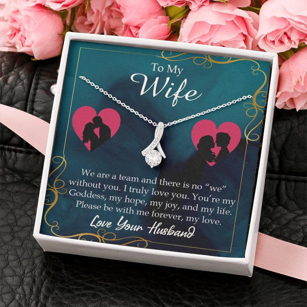 Wife Gift We Are A Team Eternity Ribbon Stone Pendant 14K White Gold Stainless Steel Jewelry Gift  - Alluring Beauty Necklace Gift For Her