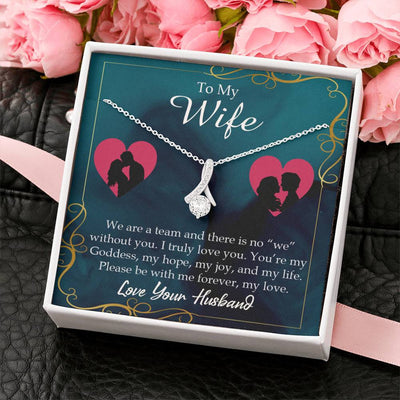 Wife Gift We Are A Team Eternity Ribbon Stone Pendant 14K White Gold Stainless Steel Jewelry Gift  - Alluring Beauty Necklace Gift For Her