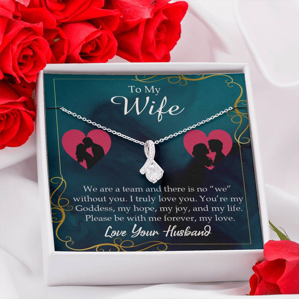 Wife Gift We Are A Team Eternity Ribbon Stone Pendant 14K White Gold Stainless Steel Jewelry Gift  - Alluring Beauty Necklace Gift For Her