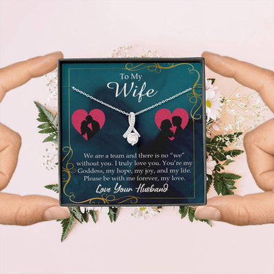 Wife Gift We Are A Team Eternity Ribbon Stone Pendant 14K White Gold Stainless Steel Jewelry Gift  - Alluring Beauty Necklace Gift For Her