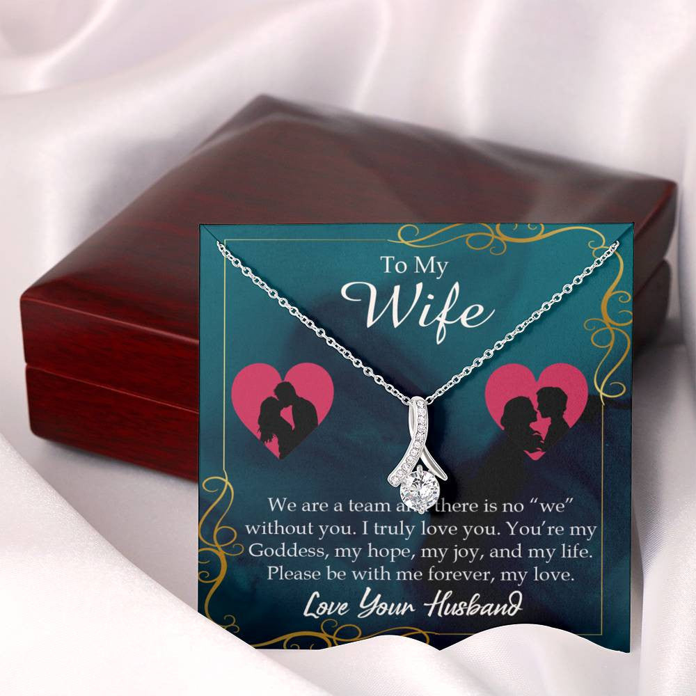 Wife Gift We Are A Team Eternity Ribbon Stone Pendant 14K White Gold Stainless Steel Jewelry Gift  - Alluring Beauty Necklace Gift For Her