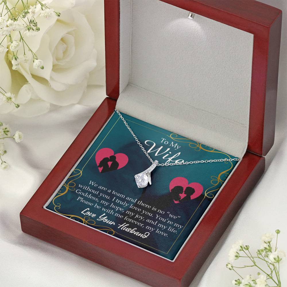 Wife Gift We Are A Team Eternity Ribbon Stone Pendant 14K White Gold Stainless Steel Jewelry Gift  - Alluring Beauty Necklace Gift For Her