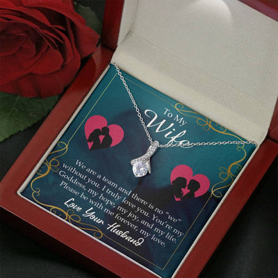 Wife Gift We Are A Team Eternity Ribbon Stone Pendant 14K White Gold Stainless Steel Jewelry Gift  - Alluring Beauty Necklace Gift For Her