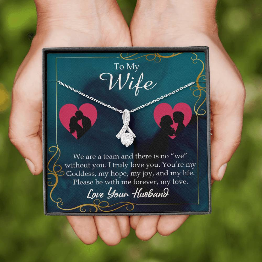 Wife Gift We Are A Team Eternity Ribbon Stone Pendant 14K White Gold Stainless Steel Jewelry Gift  - Alluring Beauty Necklace Gift For Her