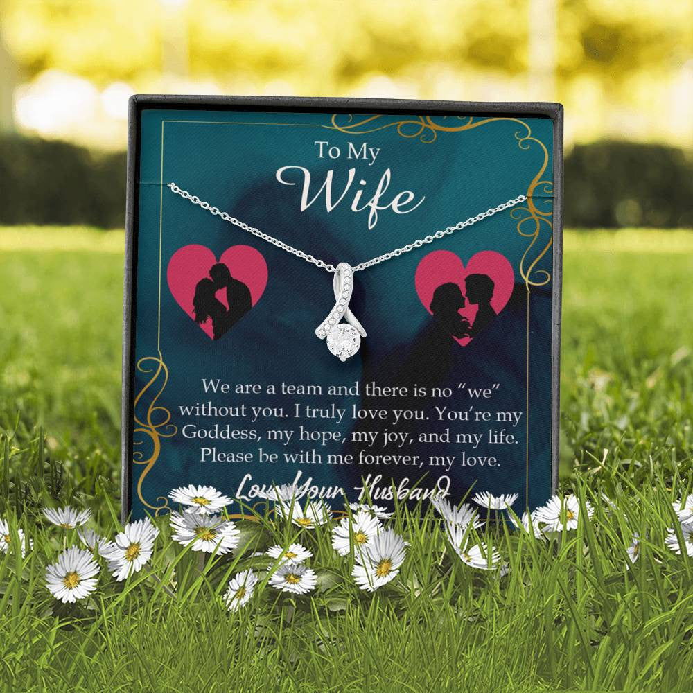 Wife Gift We Are A Team Eternity Ribbon Stone Pendant 14K White Gold Stainless Steel Jewelry Gift  - Alluring Beauty Necklace Gift For Her