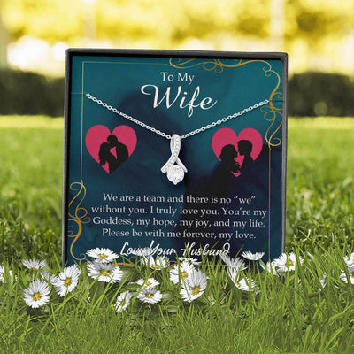 Wife Gift We Are A Team Eternity Ribbon Stone Pendant 14K White Gold Stainless Steel Jewelry Gift  - Alluring Beauty Necklace Gift For Her
