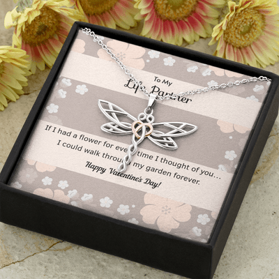 To My Wife Flower to My Life Partner Dragonfly Necklace Message Card - Dragonfly
