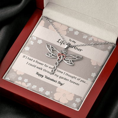 To My Wife Flower to My Life Partner Dragonfly Necklace Message Card - Dragonfly