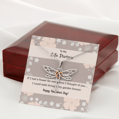 To My Wife Flower to My Life Partner Dragonfly Necklace Message Card - Dragonfly