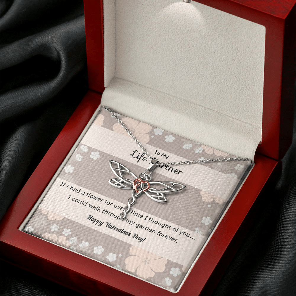 To My Wife Flower to My Life Partner Dragonfly Necklace Message Card - Dragonfly