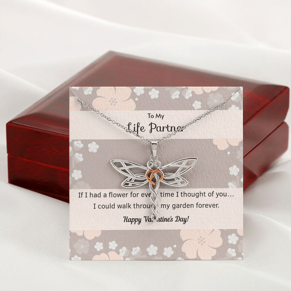 To My Wife Flower to My Life Partner Dragonfly Necklace Message Card - Dragonfly