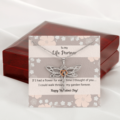 To My Wife Flower to My Life Partner Dragonfly Necklace Message Card - Dragonfly